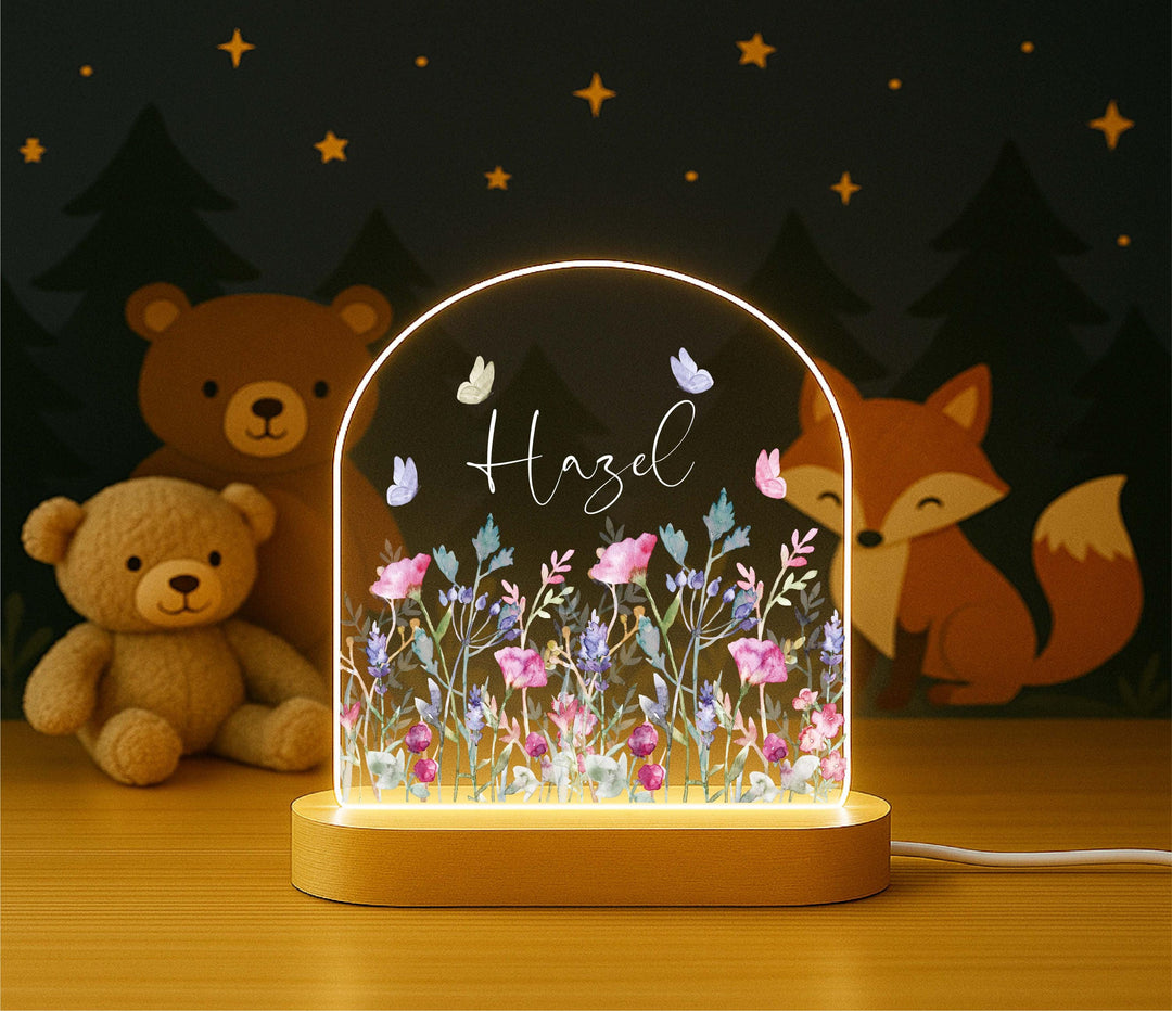 Custom Name Floral LED Lamp, Butterfly Nursery Decor, Birthday or Baby Keepsake Gift Personalized Wildflower Night Light