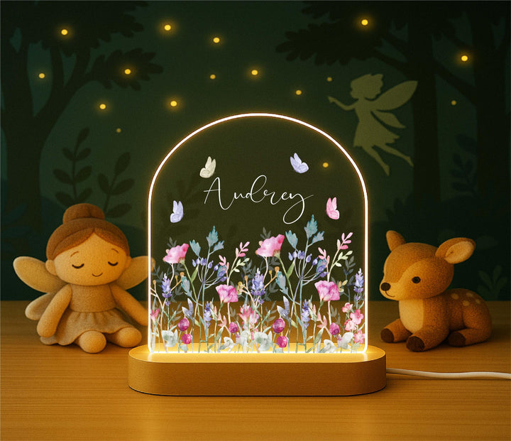 Custom Name Floral LED Lamp, Butterfly Nursery Decor, Birthday or Baby Keepsake Gift Personalized Wildflower Night Light