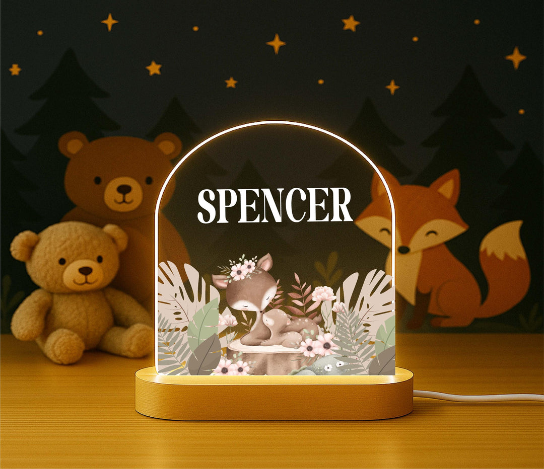 Personalized Woodland Deer Night Light – Custom Name Baby LED Lamp, Forest Animal Nursery Decor, Baby Shower or Baptism Gift kids Holiday