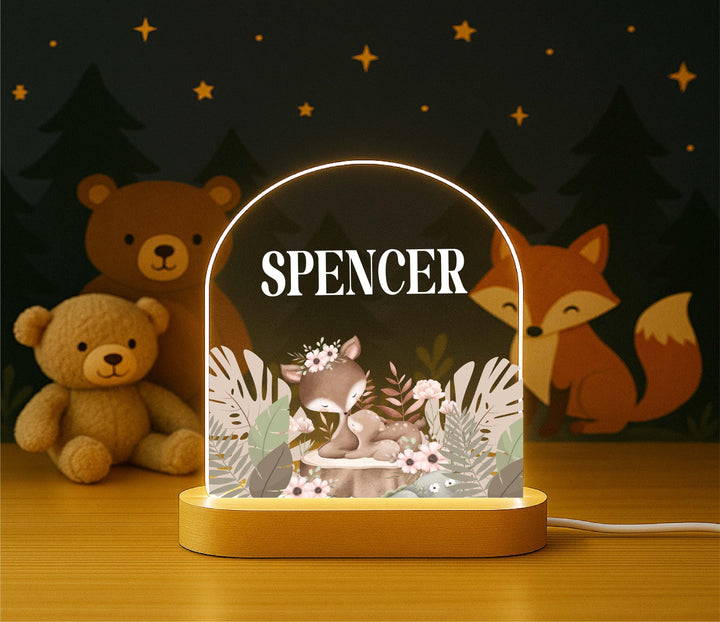 Personalized Woodland Deer Night Light – Custom Name Baby LED Lamp, Forest Animal Nursery Decor, Baby Shower or Baptism Gift kids Holiday