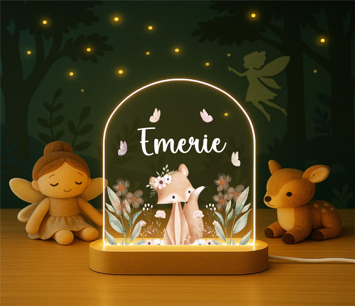 Personalized Woodland Fox Night Light – Custom Name LED Lamp, Forest Animal Nursery Decor, Baby Shower or Birthday Gift