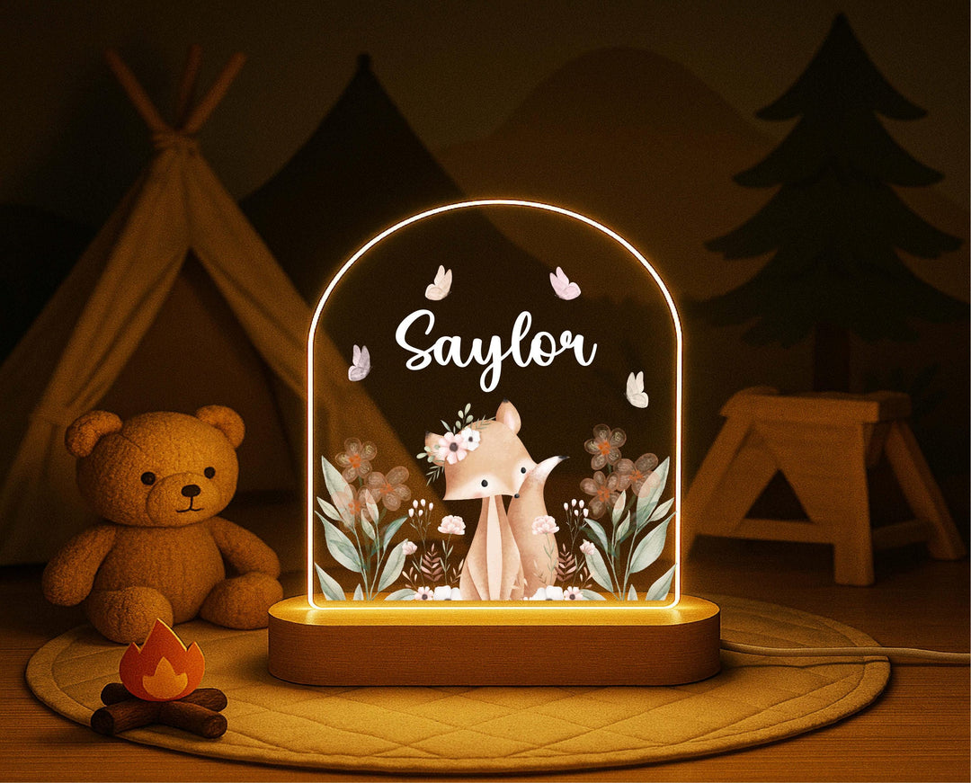 Personalized Woodland Fox Night Light – Custom Name LED Lamp, Forest Animal Nursery Decor, Baby Shower or Birthday Gift