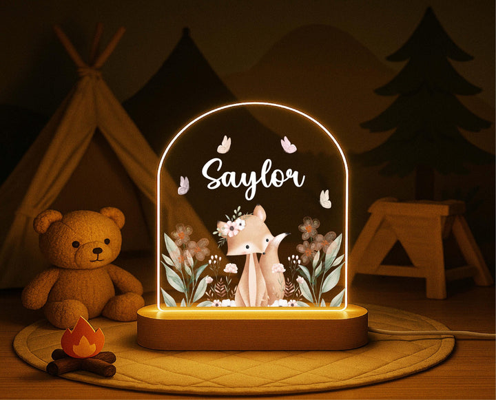 Personalized Woodland Fox Night Light – Custom Name LED Lamp, Forest Animal Nursery Decor, Baby Shower or Birthday Gift