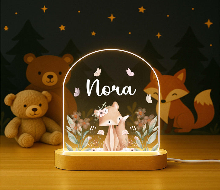 Personalized Woodland Fox Night Light – Custom Name LED Lamp, Forest Animal Nursery Decor, Baby Shower or Birthday Gift