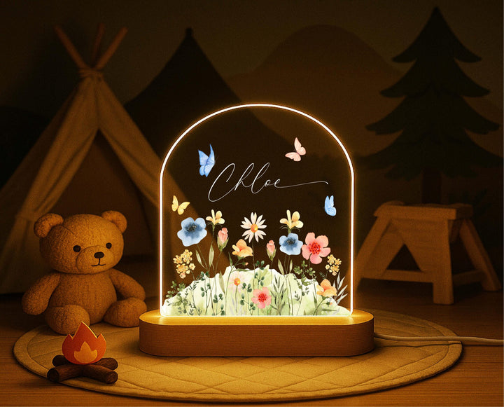Personalized Wildflower Night Light – Custom Name LED Lamp, Floral Nursery Decor, Baby Girl Bedroom or Birthday Gift