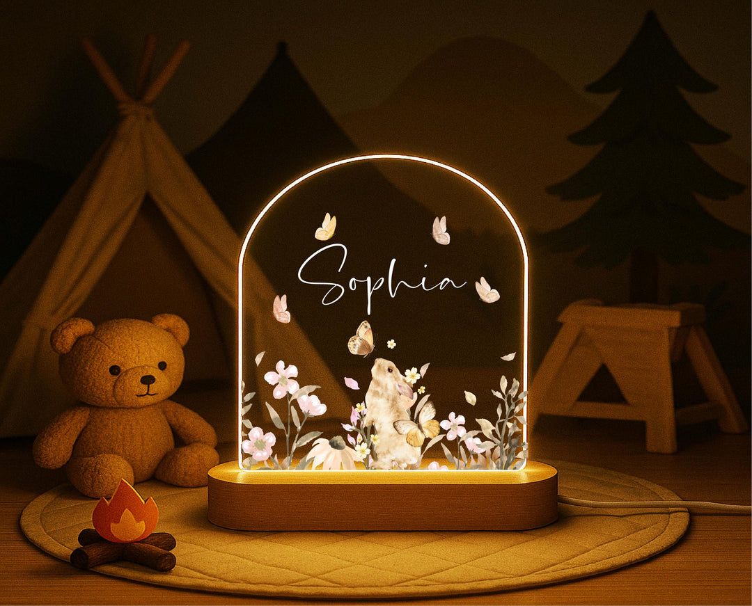 Personalized Woodland Bunny Night Light – Custom Name LED Lamp, Nursery Animal Decor, Baby Shower or Birthday Gift