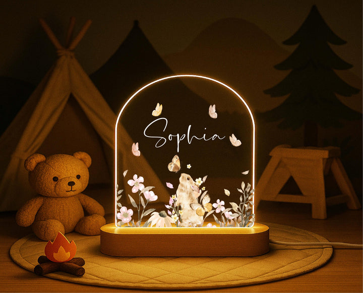 Personalized Woodland Bunny Night Light – Custom Name LED Lamp, Nursery Animal Decor, Baby Shower or Birthday Gift