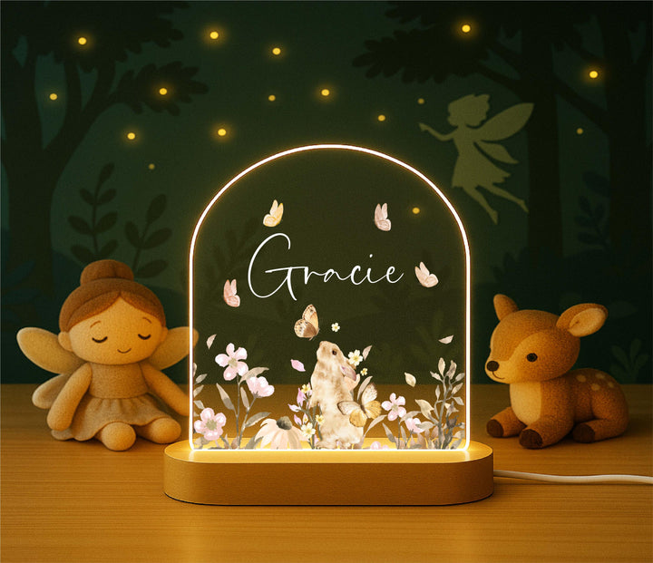 Personalized Woodland Bunny Night Light – Custom Name LED Lamp, Nursery Animal Decor, Baby Shower or Birthday Gift
