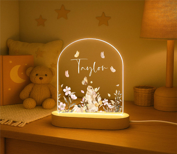 Personalized Woodland Bunny Night Light – Custom Name LED Lamp, Nursery Animal Decor, Baby Shower or Birthday Gift