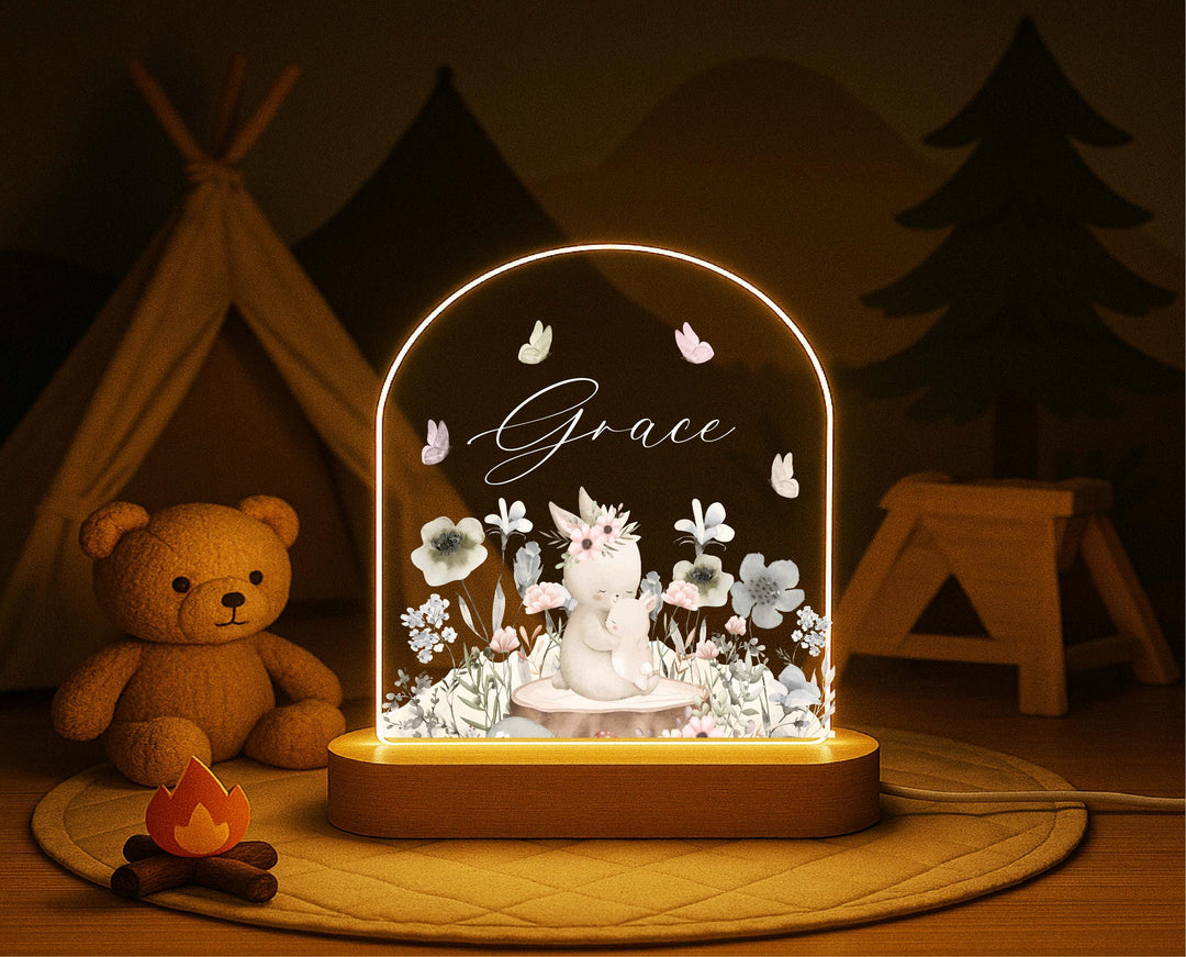 Personalized Bunny Night Light – Custom Name LED Lamp, Woodland Nursery Decor, Baby Shower Gift, Animal Night Lamp for Kids