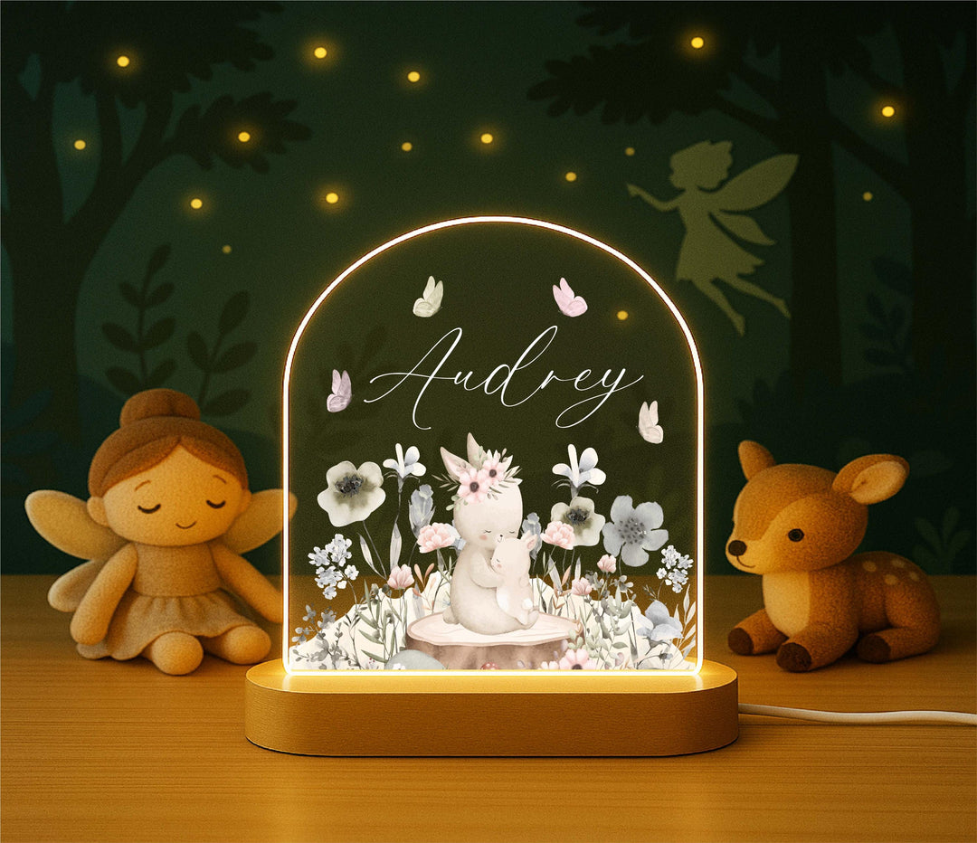 Personalized Bunny Night Light – Custom Name LED Lamp, Woodland Nursery Decor, Baby Shower Gift, Animal Night Lamp for Kids