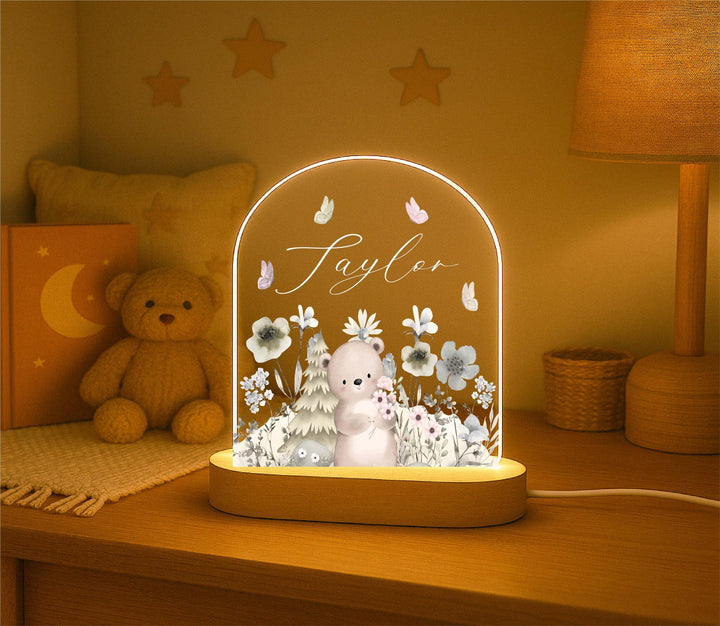 Personalized Bear Night Light – Custom Name Woodland LED Lamp, Nursery Decor, Baby Shower Gift, Animal Bedroom Light for Kids