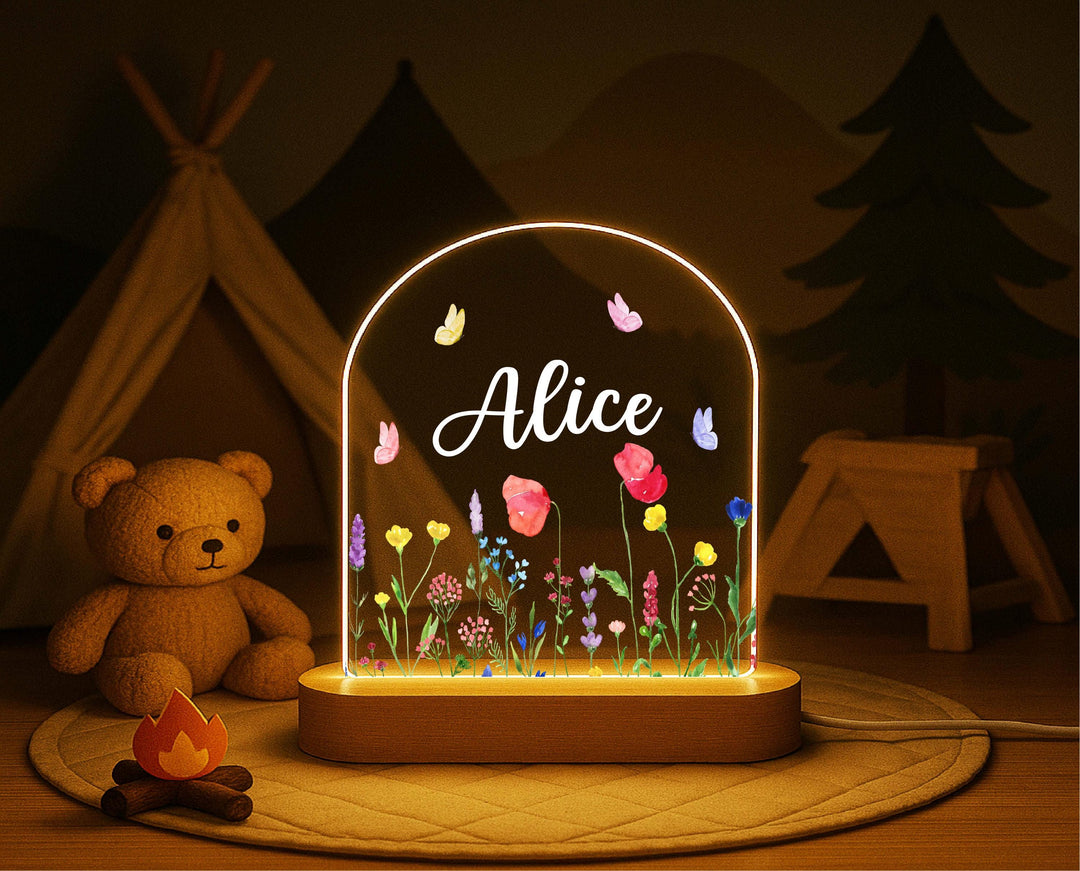 Personalized Wildflower Night Light – Custom Name LED Lamp, Kids Room Decor, Nursery Flower Lamp, Baby Shower Gift for Girls