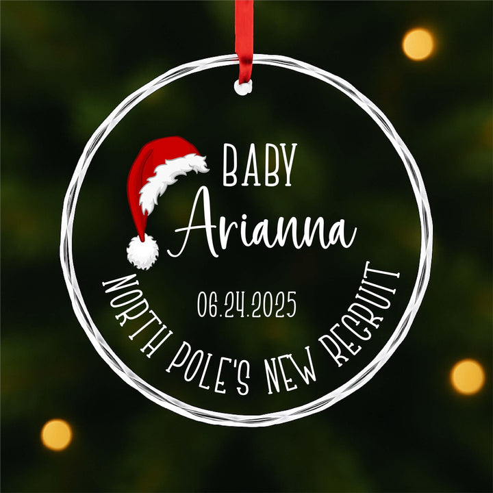 Baby’s First Christmas Ornament 2025 – Personalized “North Pole’s New Recruit” Glass Ornament, Custom Name &amp; Date Gift