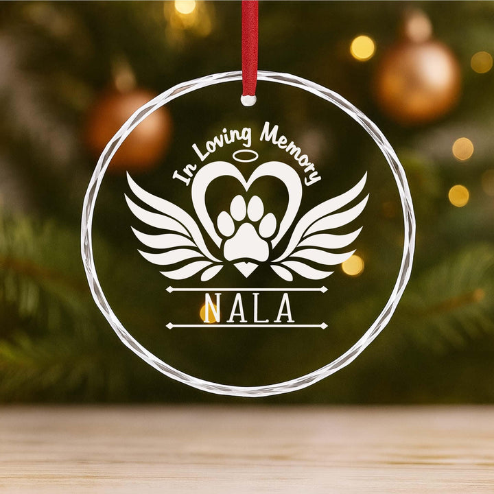 Pet Memorial Ornament – Personalized Laser Engraved Angel Wings Paw Print Glass Keepsake, In Loving Memory Christmas Gift