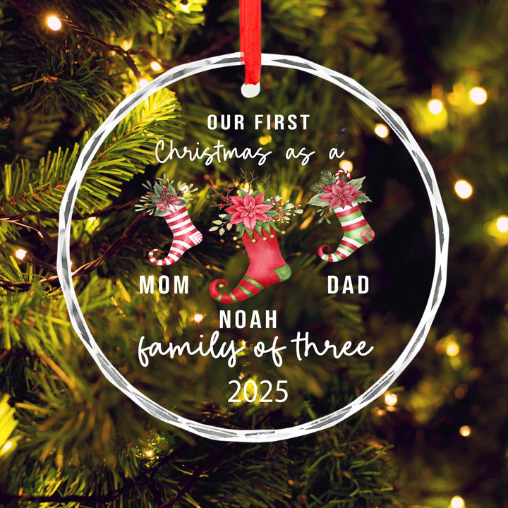 Our First Christmas as a Family of Three Ornament 2025 – Personalized New Parents Ornament with Baby Name, Glass Keepsake Gift
