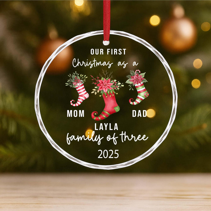 Our First Christmas as a Family of Three Ornament 2025 – Personalized New Parents Ornament with Baby Name, Glass Keepsake Gift