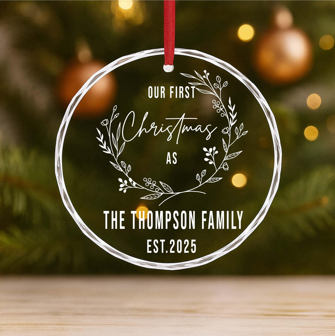 Personalized Family Name Glass Ornament, Elegant Wedding Gift Our First Christmas as Family Ornament 2025