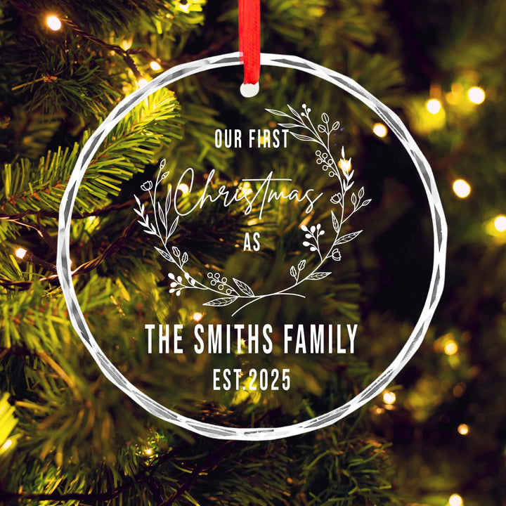 Personalized Family Name Glass Ornament, Elegant Wedding Gift Our First Christmas as Family Ornament 2025