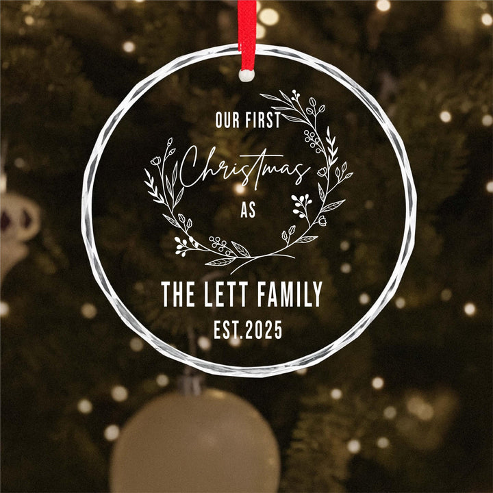 Personalized Family Name Glass Ornament, Elegant Wedding Gift Our First Christmas as Family Ornament 2025