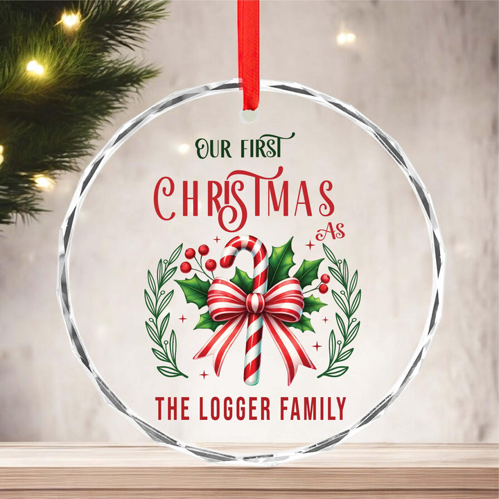 Personalized Candy Cane Glass Ornament 2025, Custom Holiday Gift Our First Christmas as Family Ornament
