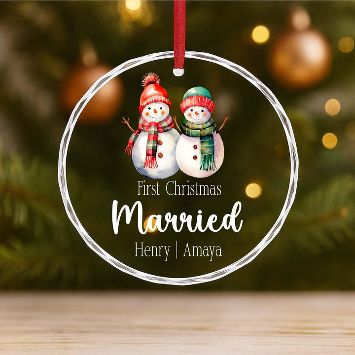 Custom Snowman Holiday Gift 2025 Personalized First Christmas Married Ornament – Newlywed Glass Ornament with Couple Names