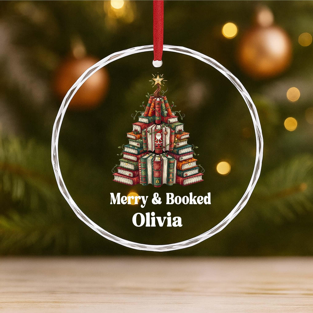 Book Lover Ornament – Merry&nbsp;Booked Personalized Glass Ornament, Custom Gift for Readers, Librarians Teachers