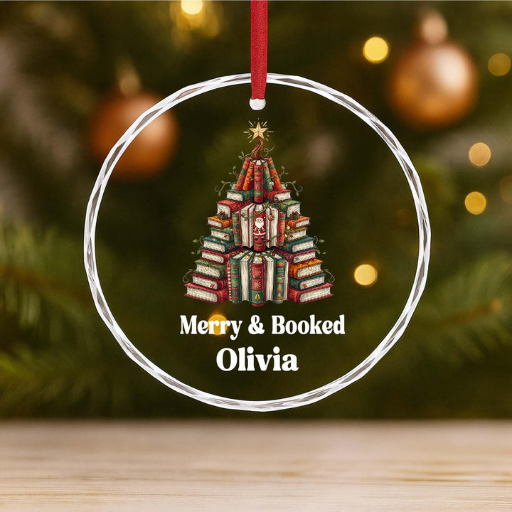 Book Lover Ornament – "Merry Booked" Personalized Glass Keepsake