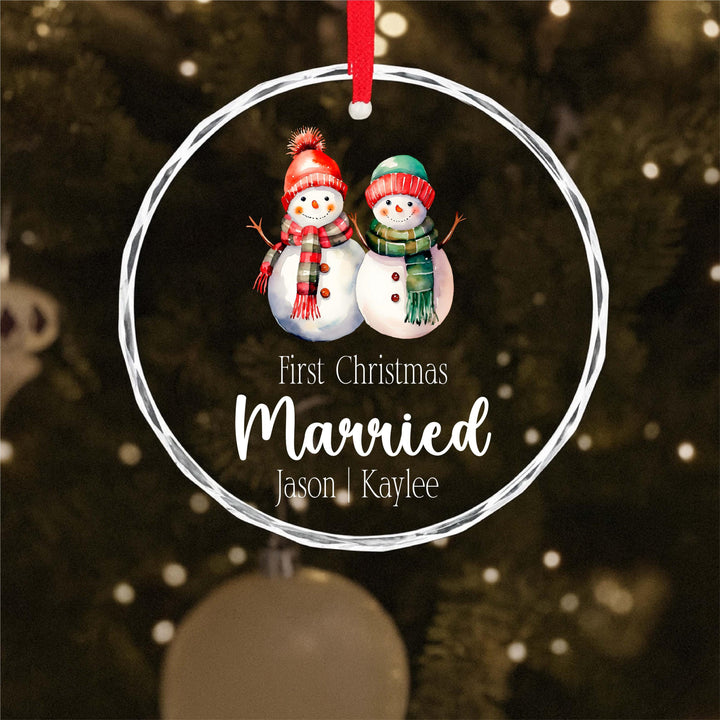 Custom Snowman Holiday Gift 2025 Personalized First Christmas Married Ornament – Newlywed Glass Ornament with Couple Names