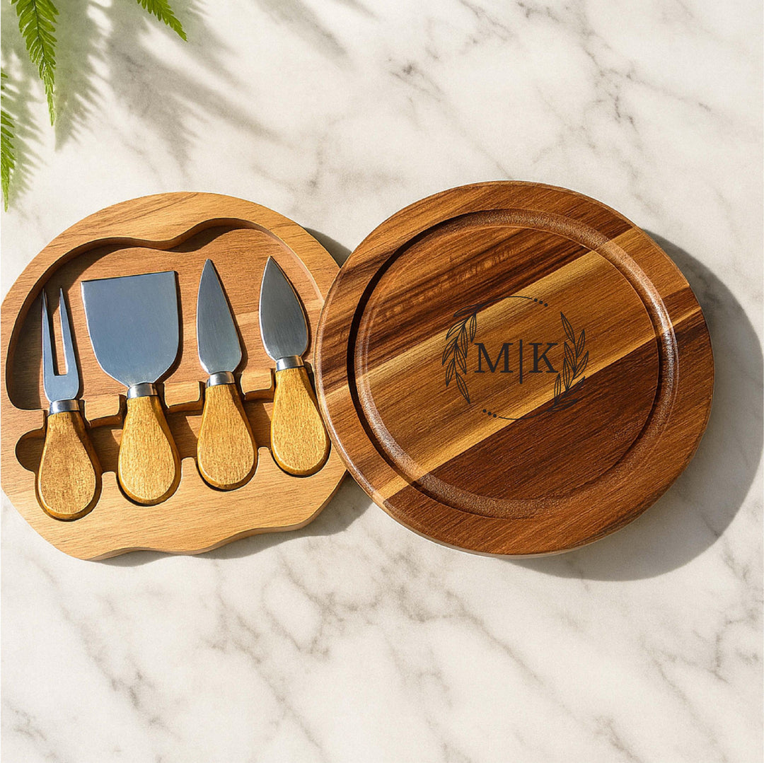 Personalized Charcuterie Board with cheese Knifes Acacia Wood Cheese Board Set with Knives – Custom Wedding or Housewarming Gift