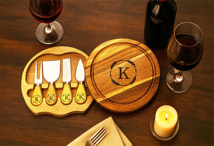 Personalized Monogram Cheese Board Set – Engraved&nbsp;Wood Charcuterie Board with Knives, Elegant Gift for Couples or Holiday Entertaining