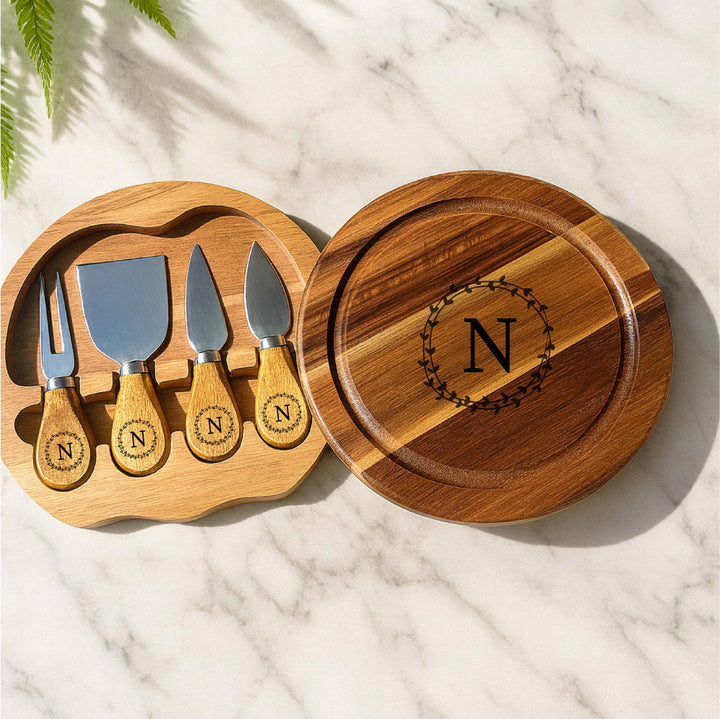 Personalized Monogram Cheese Board Set – Engraved&nbsp;Wood Charcuterie Board with Knives, Elegant Gift for Couples or Holiday Entertaining