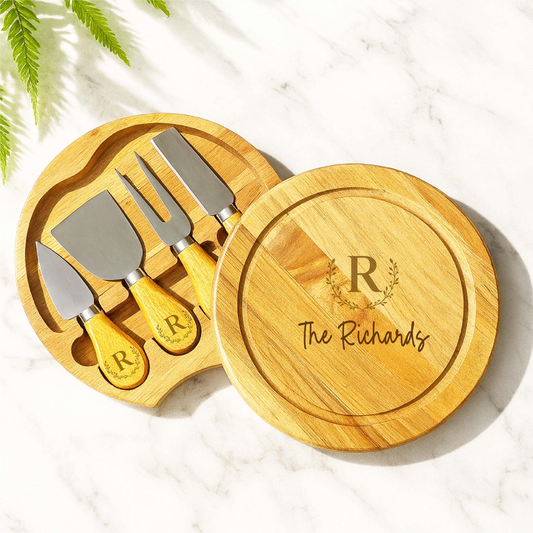 Personalized Two-Tone Acacia Cheese Board Set with Knives – Custom Engraved Charcuterie Board for Couples, Weddings, or Housewarming Gifts