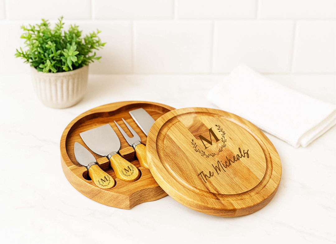 Personalized Two-Tone Acacia Cheese Board Set with Knives – Custom Engraved Charcuterie Board for Couples, Weddings, or Housewarming Gifts