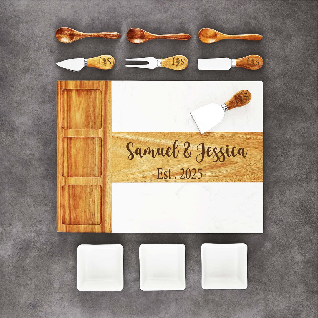 Personalized Marble and Wood Charcuterie Board Set with Knives – Custom Engraved Cheese Board Wedding, Anniversary, or Housewarming Gift