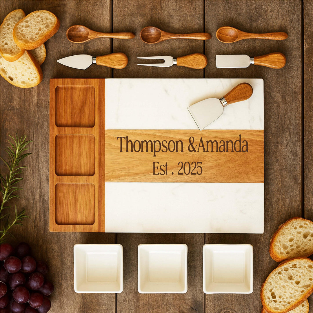 Personalized Marble and Wood Charcuterie Board Set with Knives – Custom Engraved Cheese Board Wedding, Anniversary, or Housewarming Gift