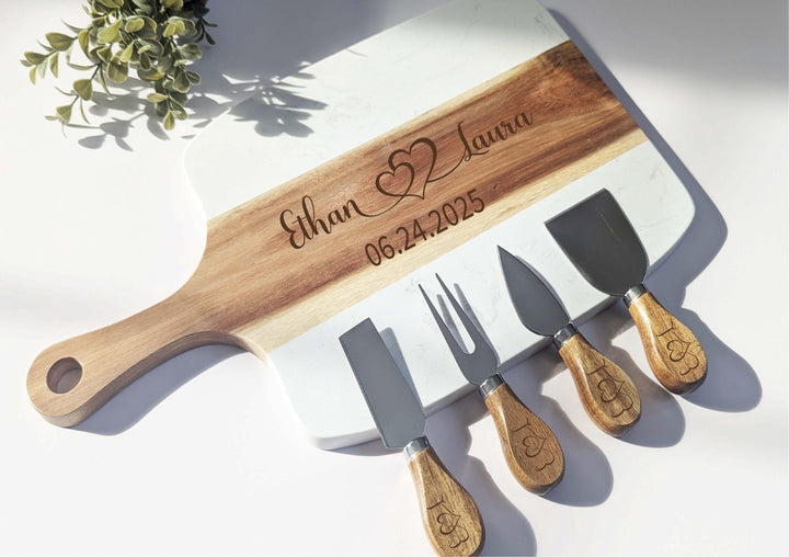 Personalized Marble and Wood Cutting Board with Cheese Knives – Custom Engraved Wedding, Anniversary, or Housewarming Gift for Couples