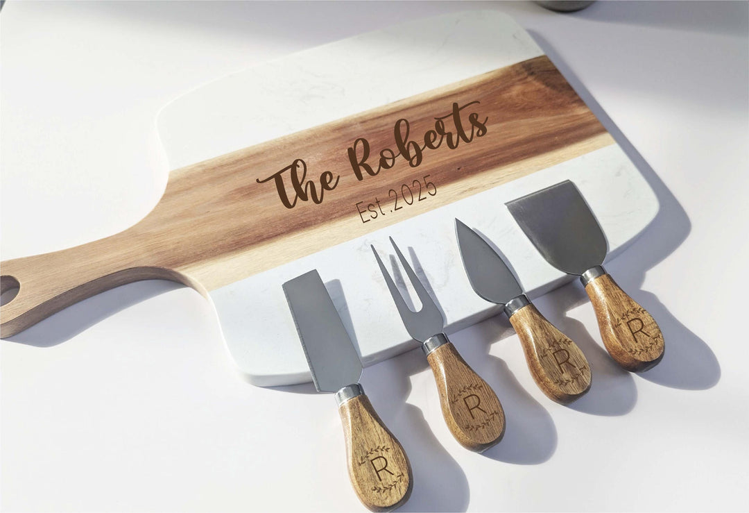 Custom Engraved Charcuterie Set with Knives, Wedding or Christmas Gift for Couple Personalized Marble and Wood cutting&nbsp;Board