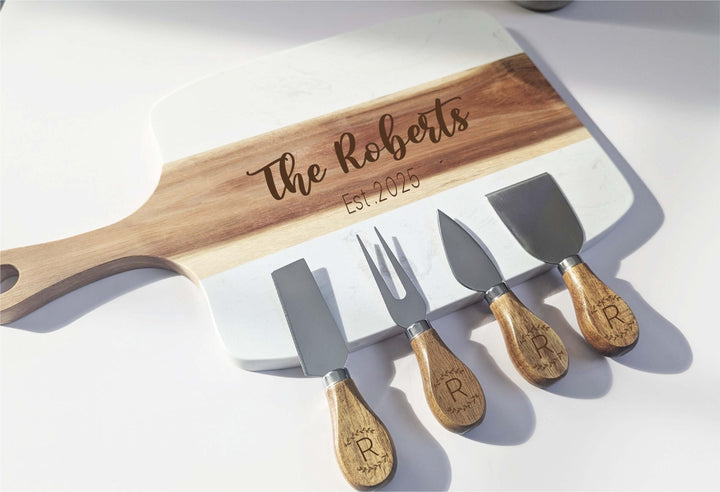 Custom Engraved Charcuterie Set with Knives, Wedding or Christmas Gift for Couple Personalized Marble and Wood cutting&nbsp;Board