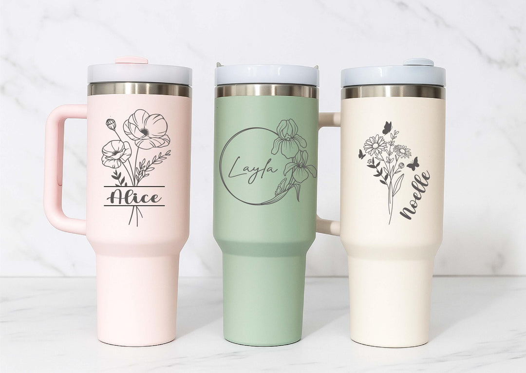 Custom name tumbler Valentine gift for her Birth flower tumbler 40 oz with handle
