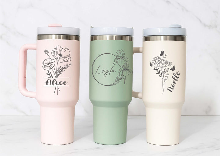 Custom name tumbler Valentine gift for her Birth flower tumbler 40 oz with handle