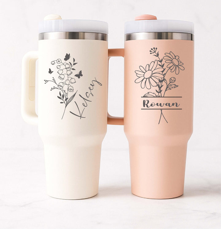 Custom name tumbler Valentine gift for her Birth flower tumbler 40 oz with handle