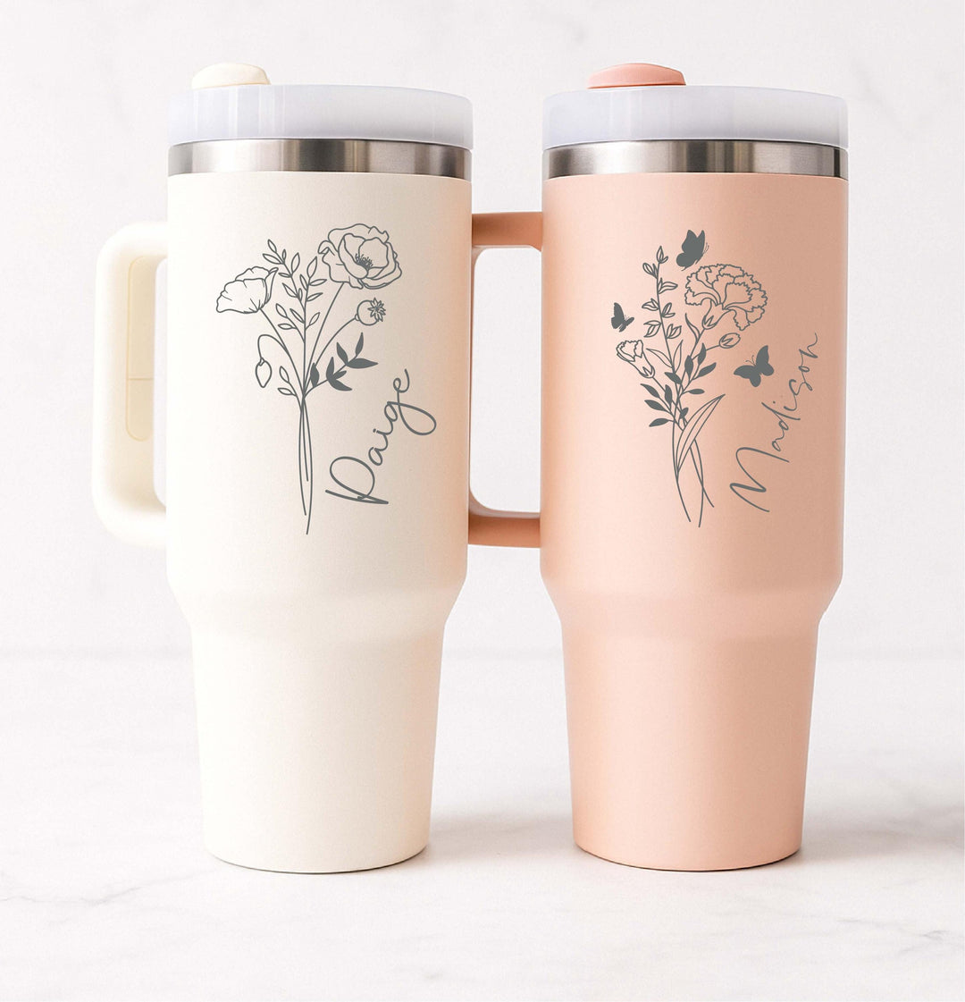 Custom name tumbler Valentine gift for her Birth flower tumbler 40 oz with handle