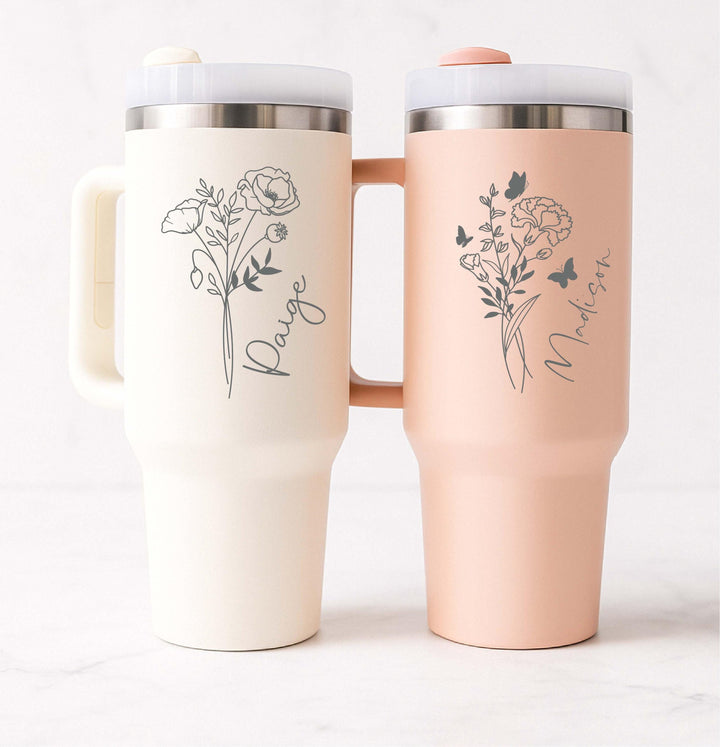 Custom name tumbler Valentine gift for her Birth flower tumbler 40 oz with handle