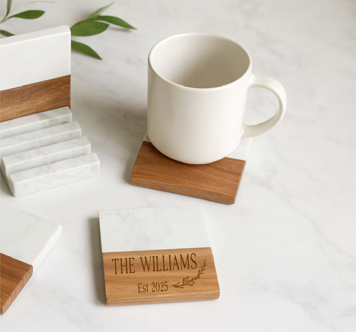 Personalized Marble &amp; Wood Coasters | Custom Initials Engraved Set | Wedding, Engagement, or New Home Gift | Bridal Shower Favor
