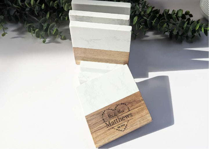 Personalized Marble & Wood Coasters - Wedding Gift Set