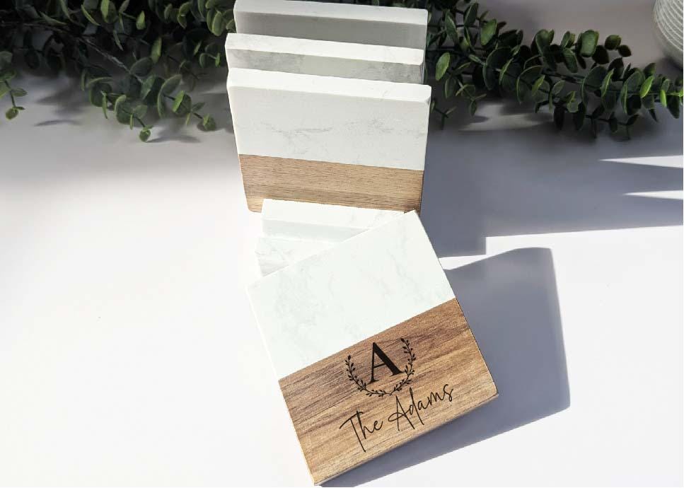 Engraved Family Name Gift | Custom Monogram Coasters | Wedding, Realtor, or New Home Gift