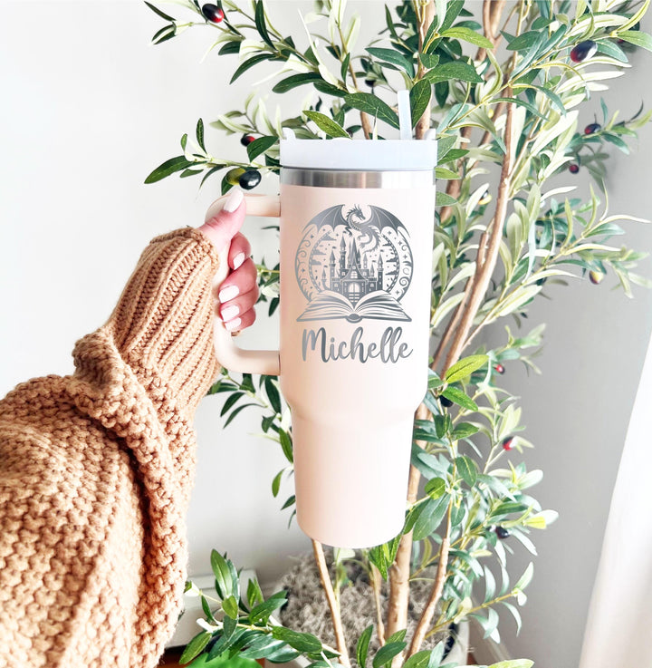 Personalized Dragon &amp; Castle Tumbler: Fantasy Travel Mug Gift