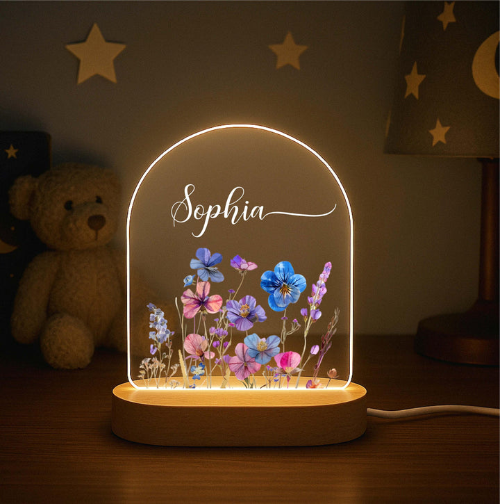 Personalized Wildflower Night Light – Custom Name LED Lamp, Wooden Base Nursery Decor, Floral Bedroom Light Gift