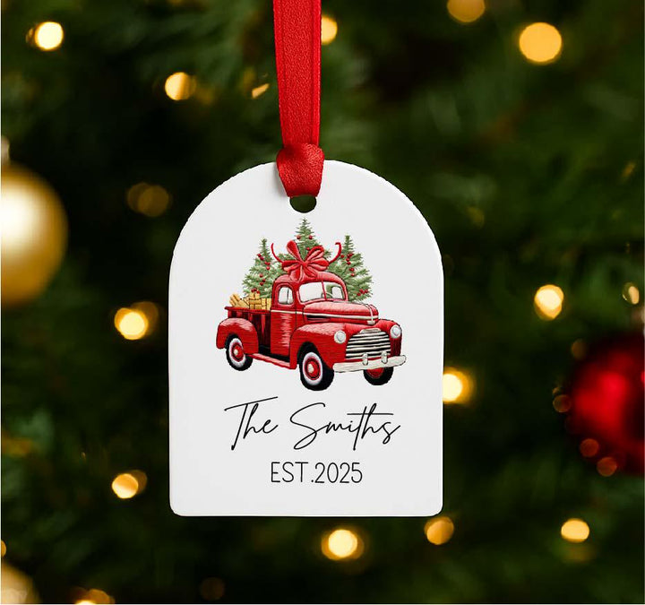 Personalized Red Truck Christmas Ornament 2025 – Custom Family Name Acrylic Keepsake – Holiday Gift for Couple or New Home